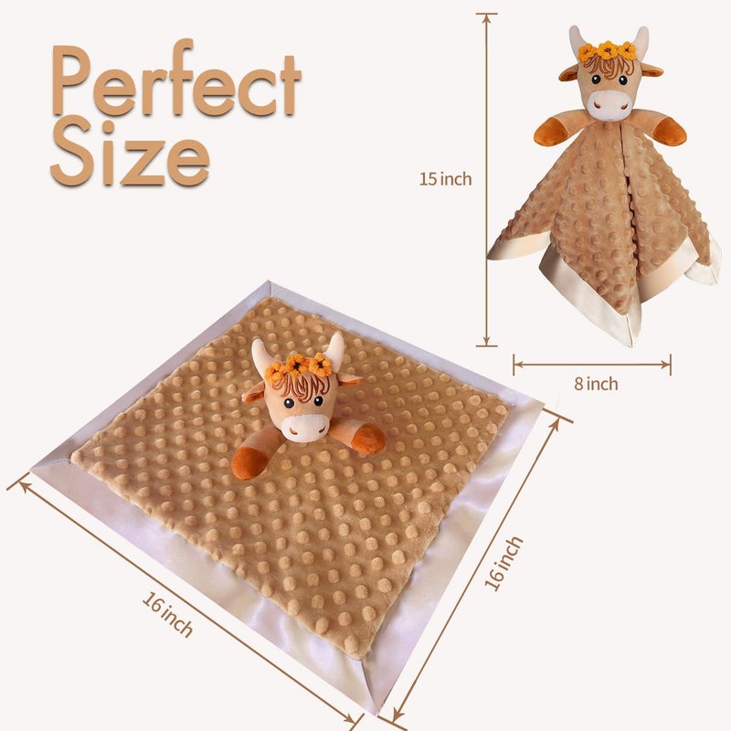 MOVEPAI Baby Security Blanket, Soft Baby Lovey Toy Blanket for Girls, Snuggle Toy Lovie Newborn Gift, 2PCS Babies Blankie Girl Highland Cow 16 Inch - Image 3